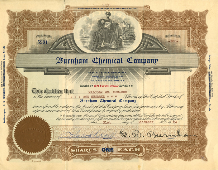Burnham Chemical Co. - Stock Certificate